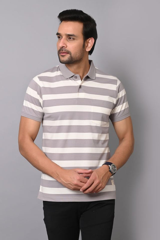 Arbour Men Polo Neck Casual Pocket Stripes T-Shirt