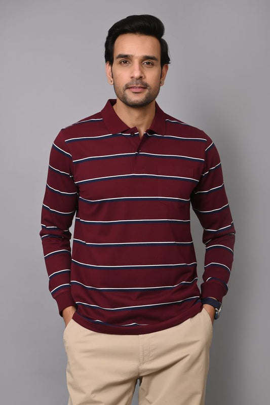 Arbour Men Polo Neck Stripes Pocket Full Sleeves T-Shirt